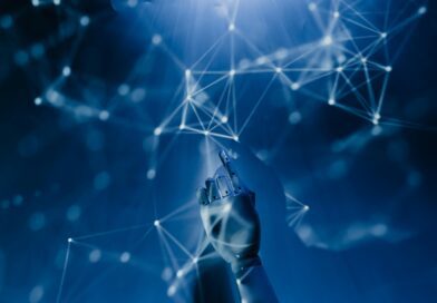 A robotic hand reaching into a digital network on a blue background, symbolizing AI technology.