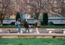Three students walking and talking at a park during springtime, carrying backpacks.